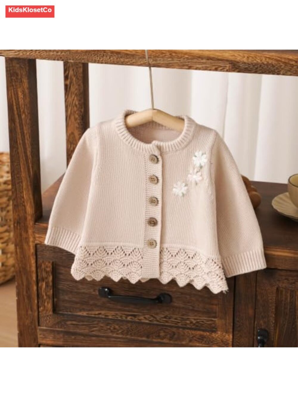 Organic Cotton Baby Cardigan, Exquisite Flower Pattern Knit, Long Sleeve - Picture 5 of 6